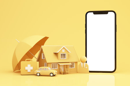 Home insurance concept, cartoon home, car, life, family and medical care. 3D rendering under an insurance details on the phone screen safety protection. 3d render on yellow background.の写真素材