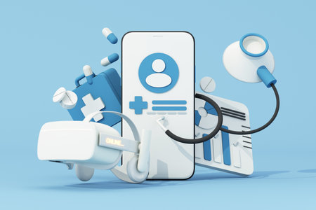 Concept of remote patient medical care with video call or VR through the phone on the online system to reach patients in a short time future medical care concept. on blue background. 3d renderingの写真素材