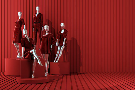 Statue of model mannequin in showcasing fashion formal clothes in abstract concept. isolate on multi color red background. promotion discount sale with geometric shape product stand. 3d renderingの写真素材