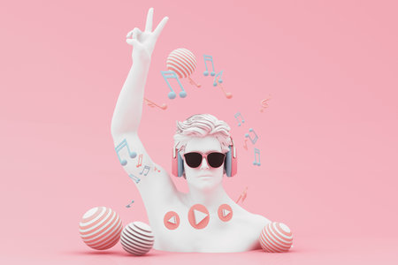 Headphones and smartphone with music notes floating on pink background surrounded by Speaker with musical instruments. concept of fun song or music festival with human head sculpture. 3d renderingの写真素材