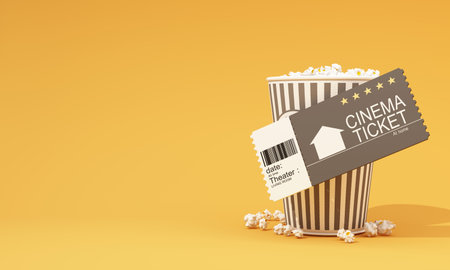 Movie time 3d render illustration. Cinema poster concept on color background. Composition with popcorn, clapperboard, 3d glasses and filmstrip. Cinema banner design for movie theater.の写真素材