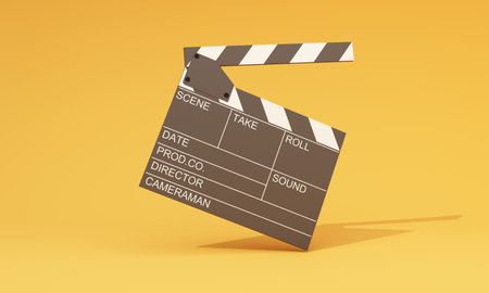 Movie time 3d render illustration. Cinema poster concept on color background. Composition with popcorn, clapperboard, 3d glasses and filmstrip. Cinema banner design for movie theater.の写真素材