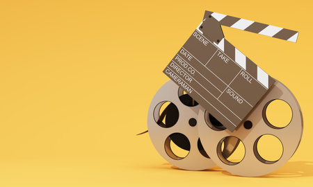 Movie time 3d render illustration. Cinema poster concept on color background. Composition with popcorn, clapperboard, 3d glasses and filmstrip. Cinema banner design for movie theater.の写真素材