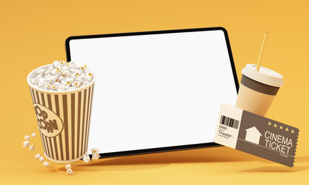 Movie time 3d render illustration. Cinema poster concept on color background. Composition with...