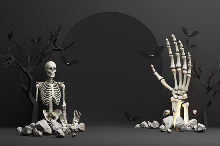 Happy Halloween banner or party invitation. orange theme product display podium on background with group of bat and Jack O Lantern pumpkin and hand skeleton with skull. 3d rendering illustrationの写真素材