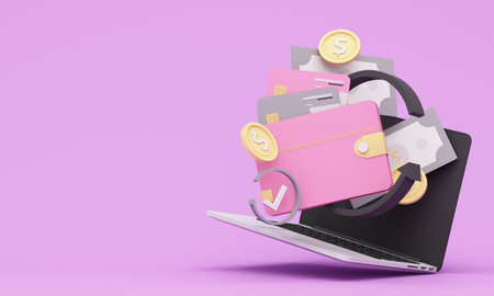 laptop with blank display, digital technology wallet and credit card. Shopping mobile app, money and coins. Cashback and banking. Mock up empty screen copy space, purple background. 3D renderingの写真素材