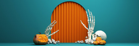 Happy Halloween banner or party invitation. orange theme product display podium on background with group of bat and Jack O Lantern pumpkin and hand skeleton with skull. 3d rendering ultra wide screenの写真素材