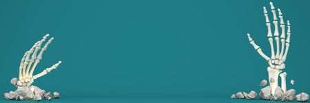 Happy Halloween banner or party invitation. orange theme product display podium on background with group of bat and Jack O Lantern pumpkin and hand skeleton with skull. 3d rendering ultra wide screenの写真素材