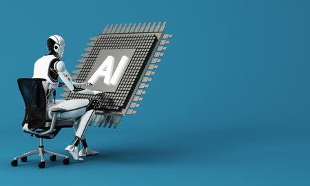 Concept of artificial intelligence and technology in the future world, with human robots working and...