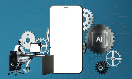 Concept of artificial intelligence and technology in the future world, with human robots working and controlling the mechanical brain to calculate and conduct business. 3d render on blue backgroundの写真素材