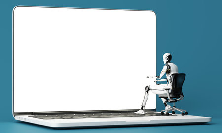 Concept of artificial intelligence and technology in the future world, with human robots working and controlling the mechanical brain to calculate and conduct business. 3d render on blue backgroundの写真素材