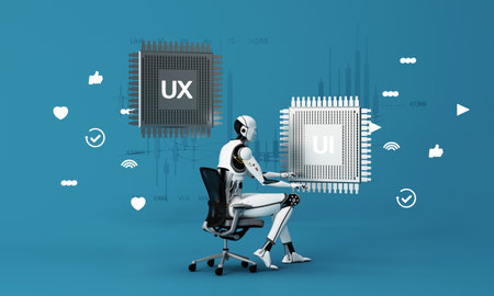 Concept of artificial intelligence and technology in the future world, with human robots working and...