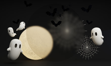 Dark Halloween background with spooky house, tree, cute ghost,  pumpkin, bat at night. Happy...