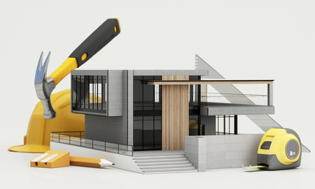 A residential house with tools an architect's. Housing project with carpentry equipment, safety helmet, saw and hammer, with a model house. concept of building or renovating a house. 3d renderingの写真素材