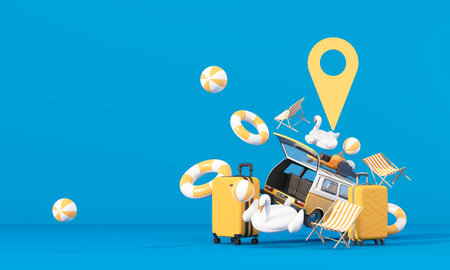 Time to travel. The concept of a summer trip or road trip. Arrange beautiful compositions and space for inserting words Ready to pin the destination using the map on phone. cartoon style 3d renderの写真素材