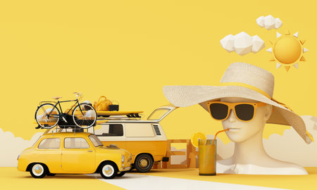 Small retro car with baggage, luggage and beach equipment on the roof, fully packed, ready for summer vacation in the background along with mannequins, fashion clothes, swimwear. 3d renderingの写真素材