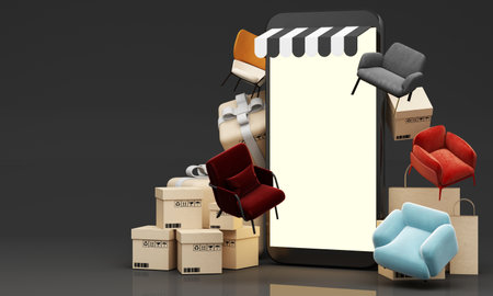 flying furniture Online shopping. furniture store interior decoration projects, buying sofas, tables via the internet, e-commerce, delivery to home from store. Banner with copy space. 3D Illustrationの写真素材