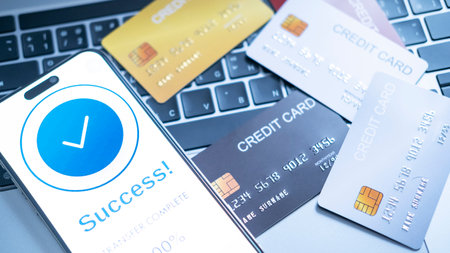 completes online transaction using a smartphone, displaying a Success message. credit cards on a laptop keyboard, symbolizing successful digital payments, online shopping, financial transactions.の写真素材