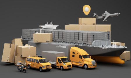 An advanced logistics and delivery network featuring cargo ships trucks vans scooters and an airplane showcasing efficient and fast transportation for global supply chain solutions 3d renderingの写真素材