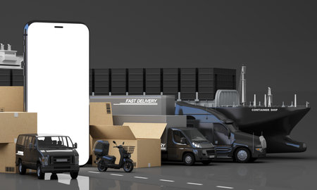 A comprehensive logistics and delivery system featuring trucks vans scooters and cargo ships with...