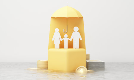 Family insurance concept with paper figures of parents and child under a yellow umbrella on a cube, surrounded by water and coins, symbolizing financial safety. 3d renderingの写真素材