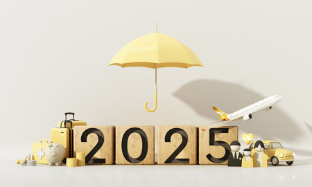 Comprehensive 2025 insurance coverage concept featuring a yellow umbrella, wooden blocks, travel,...