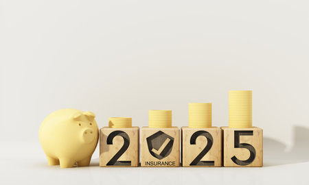 2025 financial growth concept featuring a yellow piggy bank, wooden blocks, and stacked coins, representing savings, investment, and planning. 3d rendering.の写真素材