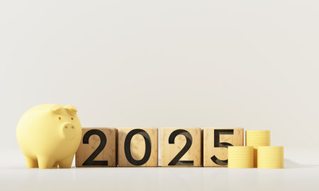 new year 2025 financial planning concept featuring a yellow piggy bank, wooden blocks, and stacked...
