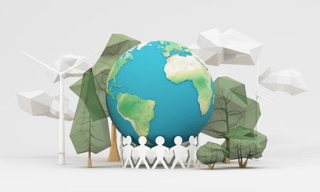 Illustration of global unity and sustainability, featuring Earth, trees, wind turbines, and connected figures promoting eco-friendly collaboration. 3d rendering.の写真素材
