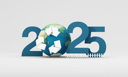 A 3D concept of 2025 with Earth surrounded by recycling symbols, symbolizing sustainability, global unity, and eco-conscious efforts for the future. 3d renderingの写真素材