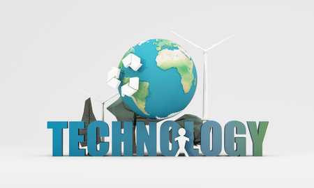 Innovative representation of technology, sustainability, and environmental conservation with Earth, recycling symbols, wind turbines, and bold text. 3d rendering.の写真素材