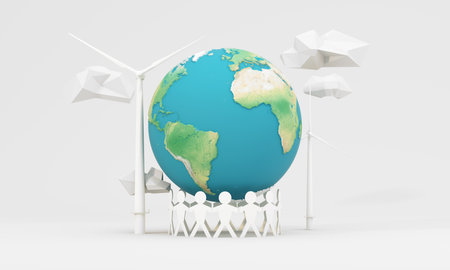 Global unity for a sustainable future, featuring Earth, wind turbines, and human figures holding hands to emphasize renewable energy and environmental care. 3d rendering.の写真素材