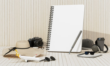 Vacation planning essentials featuring a notebook, camera, straw hat, sunglasses, pen, coffee cup, and headphones. Perfect for capturing travel memories. 3d rendering.の写真素材