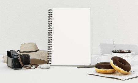 Morning travel inspiration with coffee, donuts, a camera, and a blank notebook ready for creative ideas. Perfect for journaling or planning. 3d rendering.の写真素材