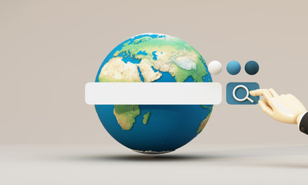 Global search concept featuring a robotic hand pointing at a search bar overlaid on a 3D globe, symbolizing worldwide connectivity and digital exploration. 3d rendering.の写真素材