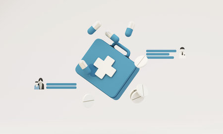 A floating first aid kit surrounded by pills and healthcare icons, representing digital healthcare solutions and remote medical services. 3d rendering.の写真素材