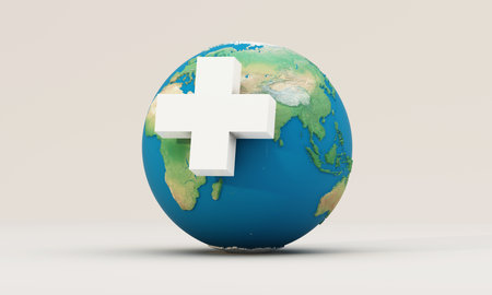 A 3D representation of global healthcare featuring a large white medical cross hovering over the Earth, symbolizing unity in health services and technology of medical. 3d rendering.の写真素材