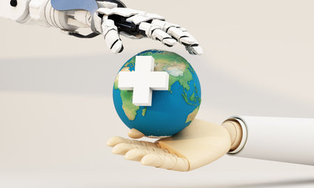 A robotic and human hand collaborating to hold a globe with a medical cross, symbolizing technological advancements in global healthcare. the health and longer life of all human. 3d rendering.の写真素材