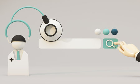 A digital search concept featuring a stethoscope, a doctor figure, and a search bar, symbolizing online medical consultations and healthcare solutions. online medical treatment. 3d rendering.の写真素材