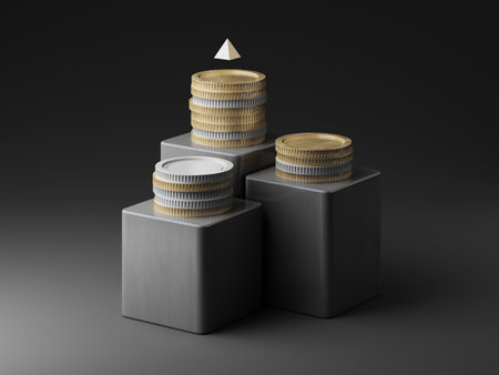 Stacks of gold and silver coins on sleek, dark gray platforms, illuminated with soft lighting that highlights their polished textures, symbolizing financial growth and luxury style. 3d rendering.の写真素材