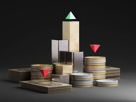 An artistic arrangement of coins, gold bars, and stacked currency geometric shapes a glowing teal pyramid and bold red arrows representing financial growth and risk assessment. 3d rendering.の写真素材