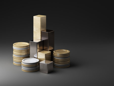 Stacks of gold and silver coins paired with metallic gold and polished steel blocks on a dark gray background, reflecting wealth, stability, and the elegance of financial success. 3d rendering.の写真素材