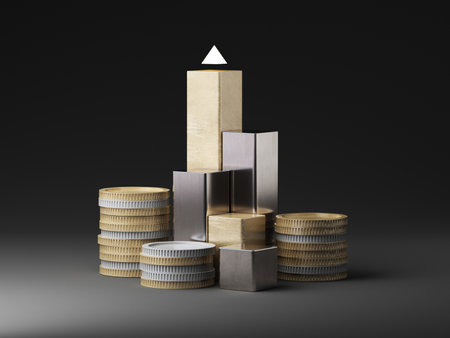 A composition of gold and silver coins alongside sleek metallic blocks, crowned by a glowing white pyramid, symbolizes wealth, growth, and high-value investment minimalistic elegance. 3d rendering.の写真素材