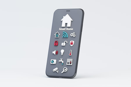 Smartphone interface displaying a collection of home automation icons, representing a modern smart home control system. Sleek and minimalist design for futuristic home management. 3d rendering.の写真素材