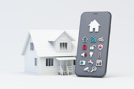 Smart home system showcasing a modern house alongside a smartphone interface displaying various icons for home automation, security, and energy management. 3d rendering.の写真素材