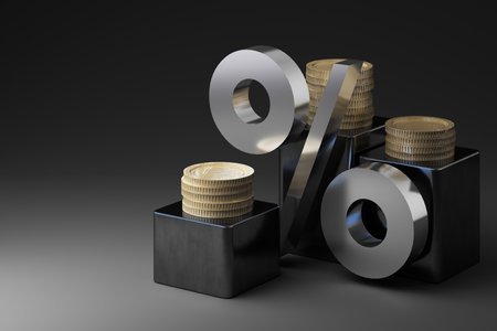 Stacks of golden coins on black metallic cubes, with a reflective percentage symbol, representing finance, investment, and interest rates. Dark luxury style with a modern high value. 3d renderingの写真素材
