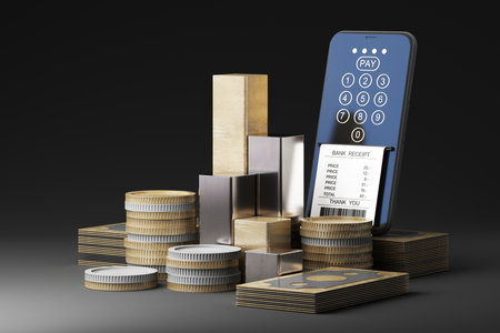 digital payment concept and smartphone with a keypad and receipt, surrounded by stacks of coins and gold bars, symbolizing modern banking, online transactions, and financial security. 3d renderingの写真素材