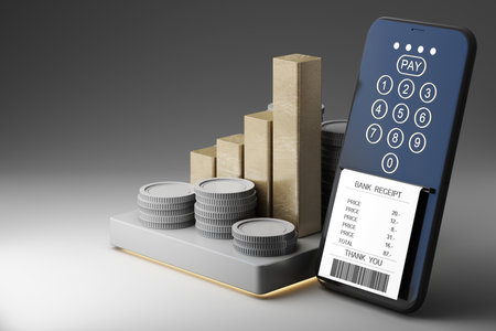 Modern financial technology concept and smartphone payment with a digital receipt, gold bars, and coin stacks growth, wealth, and cashless transactions. A futuristic banking and fintech. 3d renderingの写真素材