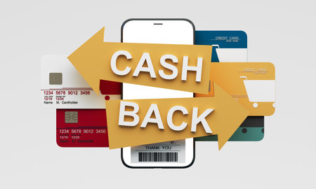 Golden arrows with the text "Cash Back" highlight a smartphone, credit cards, and receipt, representing financial rewards and smart transactions. Ideal for cashback and finance concepts. 3d renderingの写真素材