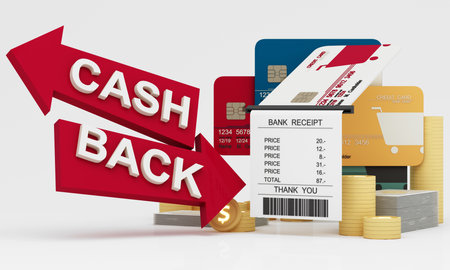 Red arrows with "Cash Back" text, credit cards, coins, and a bank receipt emphasize the concept of savings, rewards, and smart spending in financial transactions. 3d rendering.の写真素材
